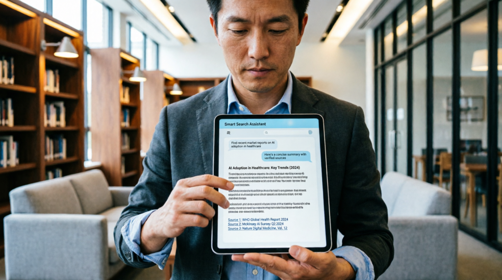 Interface de recherche intelligente utilisant l'IA générative pour synthétiser des documents