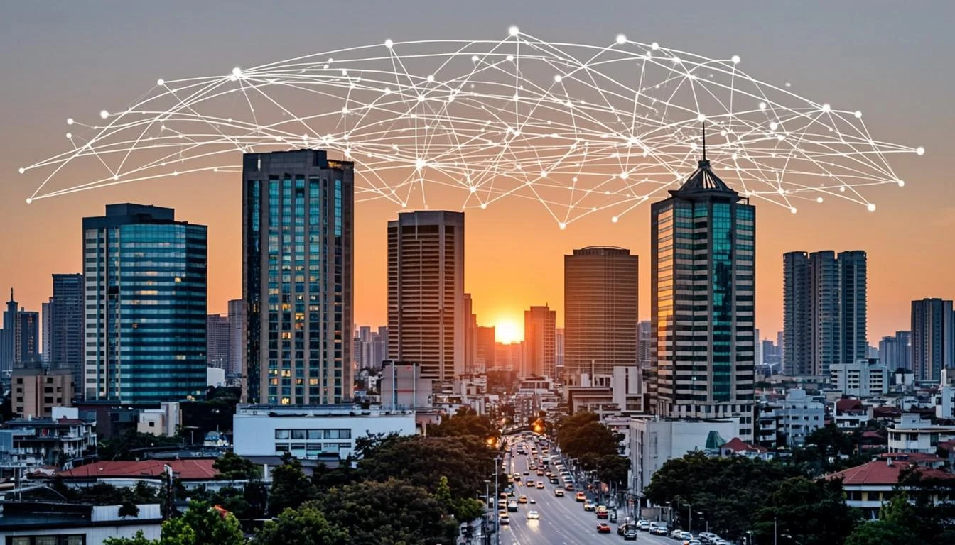 Skyline d’Abidjan avec réseau neuronal IA en surimpression, hub tech africain