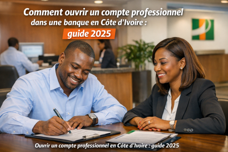 Entrepreneur ivoirien ouvrant un compte professionnel avec une conseillère bancaire