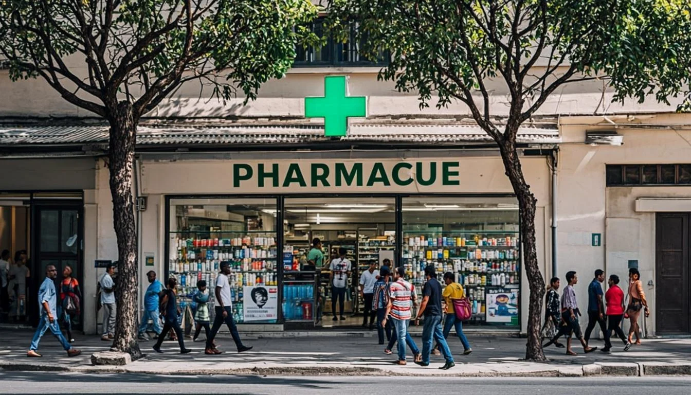 Facade d'une pharmacie moderne a Abidjan avec croix verte