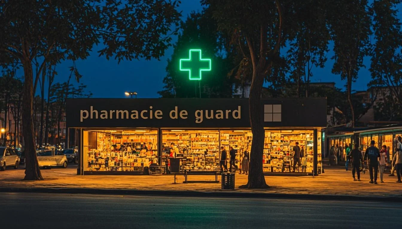 Pharmacie de garde illuminee la nuit a Abidjan