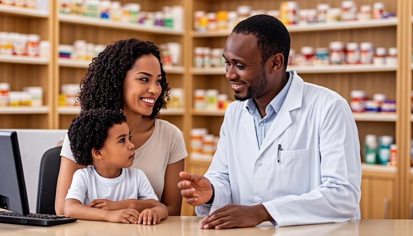 Pharmacien donnant un conseil medical a une mere et son enfant