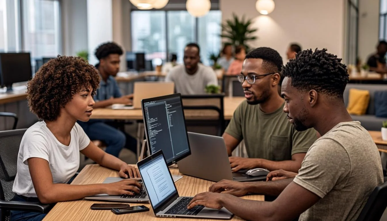 Équipe de startup ivoirienne travaillant sur des projets d'IA dans un coworking d'Abidjan